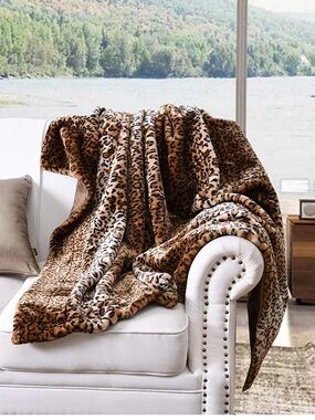 Potter Barn Leopard Print Faux Fur Throw Blanket - Brown and Cream